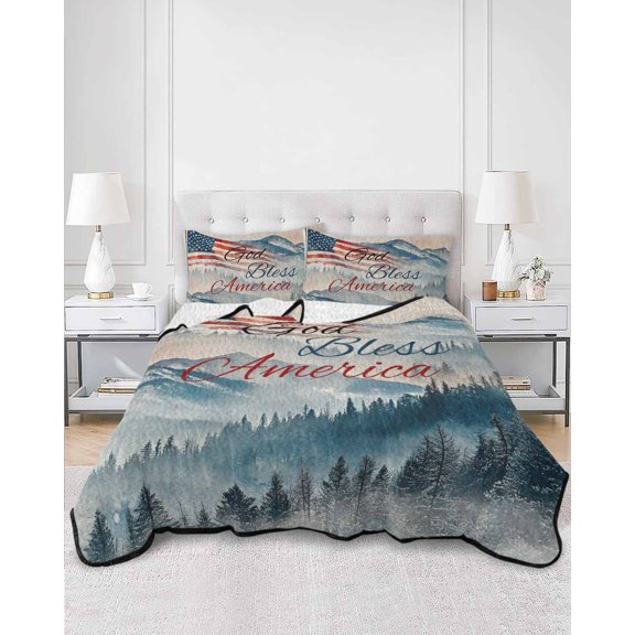 Twin Quilt Bedding Set God Bless American Usa Flag Summer Quilt Lightweight Quilted Coverlet with 2 Pillow Shams, Mountain Forest Tree 3-Piece Bedspread Quilt Set for All Season