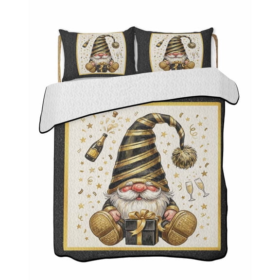 Twin Quilt Bedding Set, Gold Black Stripe Gnomes Reversible Summer Quilt 3 Pieces, Champagne New Year Birthday Lightweight Bedspreads Coverlets with 2 Pillow Shams for All Seasons