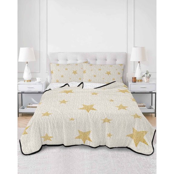 Twin Quilt Bedding Set Gold Stars on Burlap Linen Summer Quilt Lightweight Quilted Coverlet with 2 Pillow Shams, Seamless Shining Star 3-Piece Bedspread Quilt Set for All Season