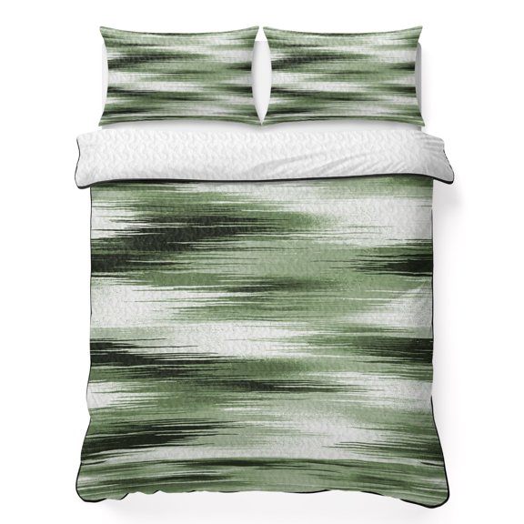 Twin Quilt Bedding Set Gradient Green Lines Breathable Summer Cooling Blanket for Hot Sleepers, Misty Forest Abstract Art Lightweight Soft Bedding Set with 2 Pillow Shams for All Season