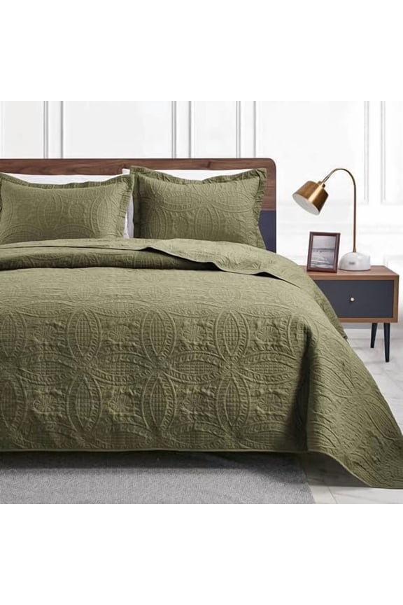 Twin Quilt Bedding Set Green Bedspreads - Soft Bed Summer Lightweight Bedspread Comforter - Coin Pattern Bedding Coverlet for All Season - 2 Pieces (1 Quilt, 1 Pillow Sham)