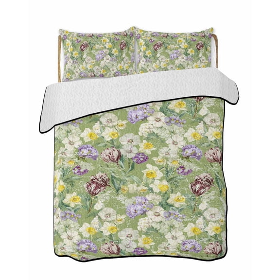 Twin Quilt Bedding Set, Green Botanical Reversible Summer Quilt 3 Pieces, Spring Floral Summer Botanical Rustic Lightweight Bedspreads Coverlets with 2 Pillow Shams for All Seasons