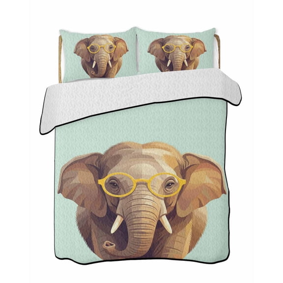 Twin Quilt Bedding Set, Green Elephants Reversible Summer Quilt 3 Pieces, Funny Animals Modern Art Lightweight Bedspreads Coverlets with 2 Pillow Shams for All Seasons