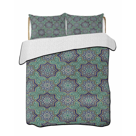 Twin Quilt Bedding Set, Green Mediterranean Reversible Summer Quilt 3 Pieces, Vintage Abstract Geometric Floral Texture Lightweight Bedspreads Coverlets with 2 Pillow Shams for All Seasons