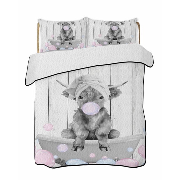 Twin Quilt Bedding Set, Grey Yak Reversible Summer Quilt 3 Pieces, Pink Blue Bubbles Bathtub Vintage Wooden Lightweight Bedspreads Coverlets with 2 Pillow Shams for All Seasons