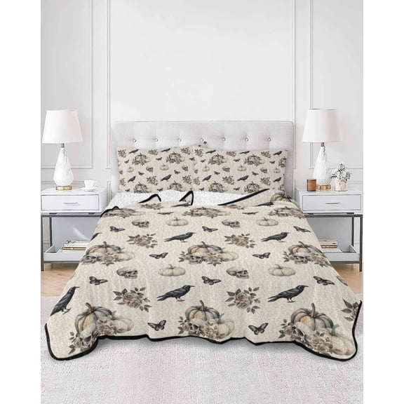 Twin Quilt Bedding Set Halloween Crow Skull Pumpkin Summer Quilt Lightweight Quilted Coverlet with 2 Pillow Shams, Scary Theme Flower Burlap 3-Piece Bedspread Quilt Set for All Season