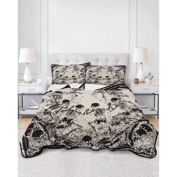 Twin Quilt Bedding Set Halloween Horror Black Skeleton Summer Quilt Lightweight Quilted Coverlet with 2 Pillow Shams, Vintage Abstract Skull 3-Piece Bedspread Quilt Set for All Season