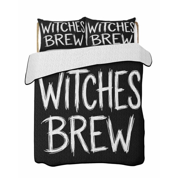 Twin Quilt Bedding Set, Halloween Reversible Summer Quilt 3 Pieces, Fall Spooky Horror Letters Witches Brew Black Lightweight Bedspreads Coverlets with 2 Pillow Shams for All Seasons