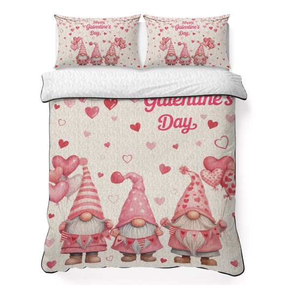 Twin Quilt Bedding Set Happy Dwarf Pink Love Hearts Linen Breathable Summer Cooling Blanket for Hot Sleepers, Galentine's Day Sweet Heart Lightweight Soft Bedding Set with 2 Pillow Shams