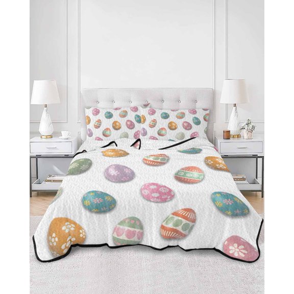 Twin Quilt Bedding Set Happy Easter Watercolor Seamless Colorful Egg Summer Quilt Lightweight Quilted Coverlet with 2 Pillow Shams, White Back 3-Piece Bedspread Quilt Set for All Season