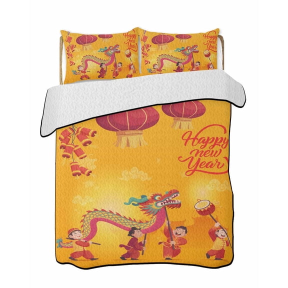 Twin Quilt Bedding Set, Happy New Year Reversible Summer Quilt 3 Pieces, Red Yellow Dragon Dance Lightweight Bedspreads Coverlets with 2 Pillow Shams for All Seasons