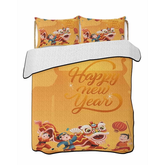 Twin Quilt Bedding Set, Happy New Year Reversible Summer Quilt 3 Pieces, Spring Festival Red Yellow Dragon Dance Lightweight Bedspreads Coverlets with 2 Pillow Shams for All Seasons