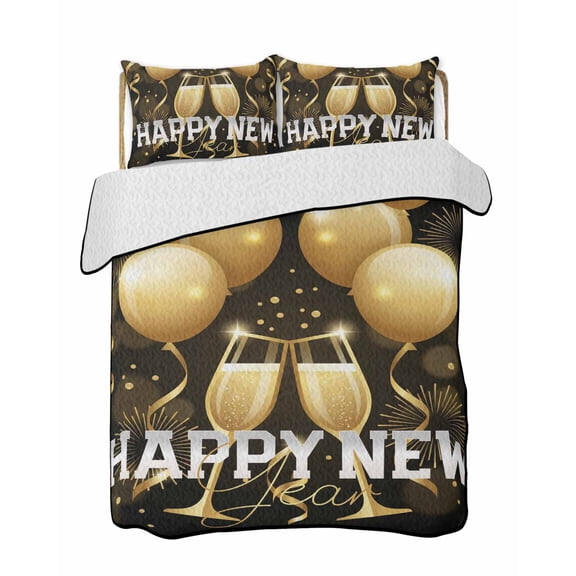 Twin Quilt Bedding Set, Happy New Year Reversible Summer Quilt 3 Pieces, Yellow Balloons Champagne Ribbon Fireworks Lightweight Bedspreads Coverlets with 2 Pillow Shams for All Seasons