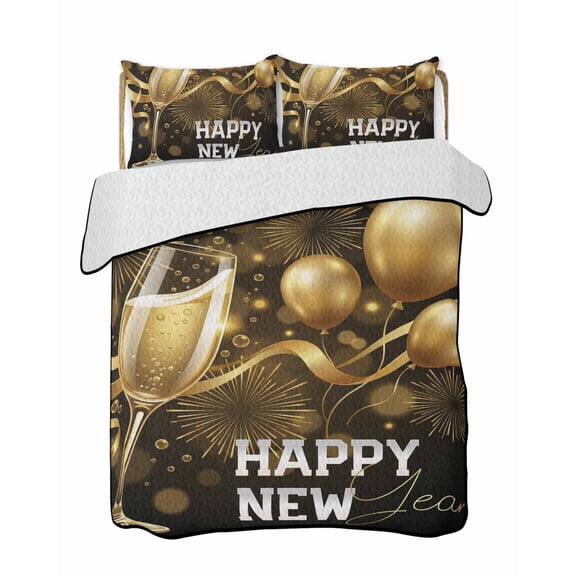 Twin Quilt Bedding Set, Happy New Year Reversible Summer Quilt 3 Pieces, Yellow Champagne Balloons Ribbons Luxury Lightweight Bedspreads Coverlets with 2 Pillow Shams for All Seasons