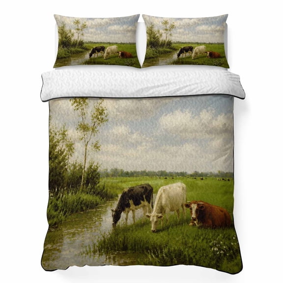 Twin Quilt Bedding Set, Impressionist Meadow Cow Soft Microfiber Summer Bedspread Coverlet with 2 Pillow Shams for All Season, Vintage Countryside Mountain Breathable Bedding Set for Hot Sleepers