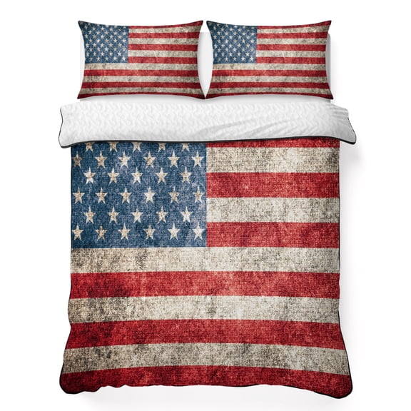 Twin Quilt Bedding Set, Independence Day Mottled USA Flag Soft Microfiber Summer Bedspread Coverlet with 2 Pillow Shams, Retro Patriotic Star Stripe Breathable Bedding Set for Hot Sleepers