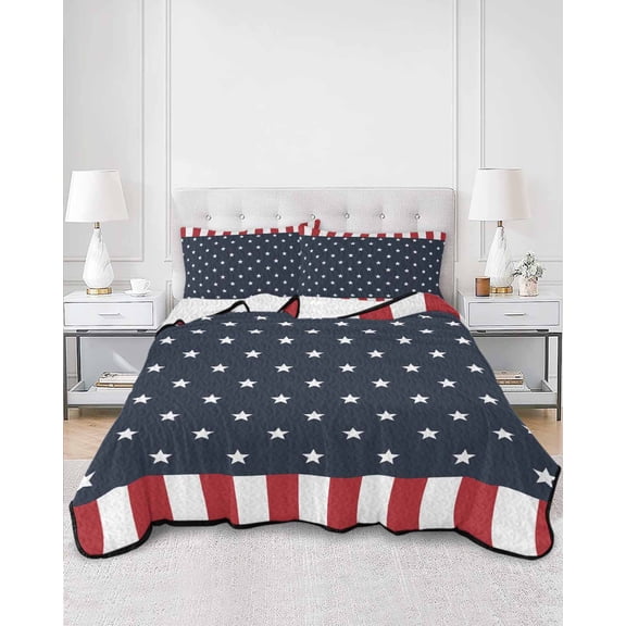 Twin Quilt Bedding Set Independence Day Patriotic Stars on Blue Summer Quilt Lightweight Quilted Coverlet with 2 Pillow Shams, Red White Stripes Border 3-Piece Bedspread Quilt Set for All Season
