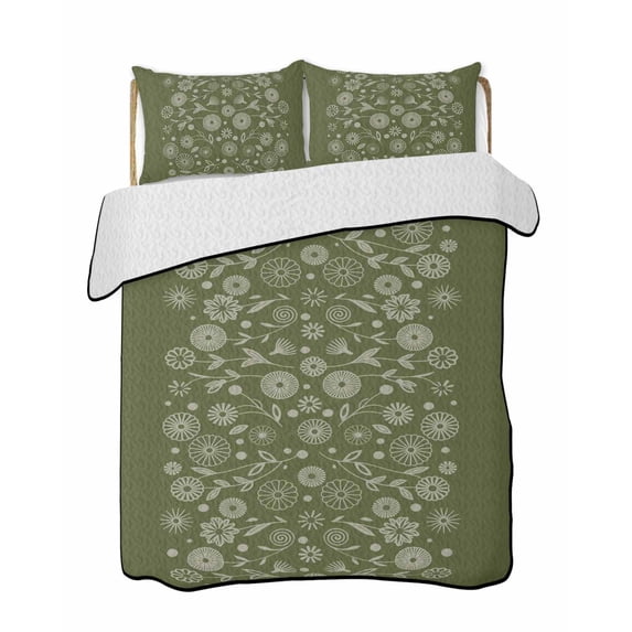 Twin Quilt Bedding Set, Japanese Reversible Summer Quilt 3 Pieces, Green Rustic Retro Pastoral Floral Leaves Lightweight Bedspreads Coverlets with 2 Pillow Shams for All Seasons