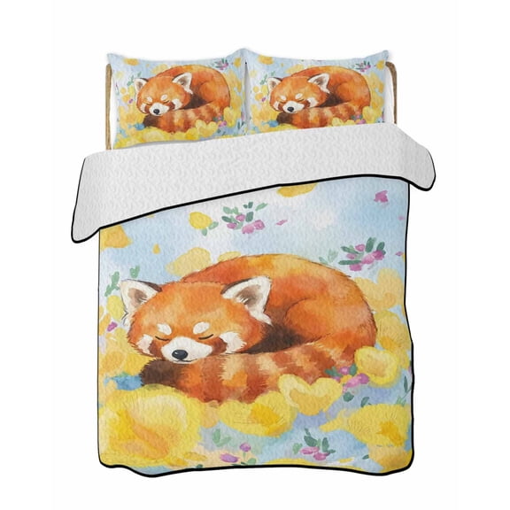 Twin Quilt Bedding Set, Japanese Style Reversible Summer Quilt 3 Pieces, Fox Animal Wildfowers Yellow Floral Lightweight Bedspreads Coverlets with 2 Pillow Shams for All Seasons