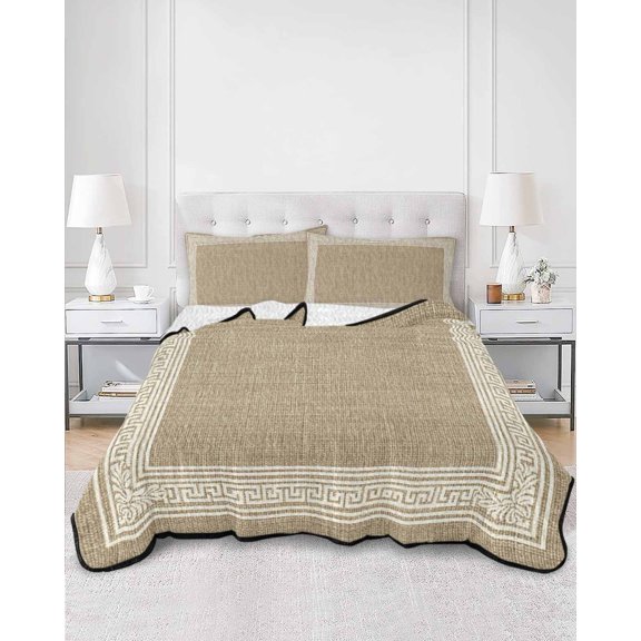 Twin Quilt Bedding Set Key Design Vintage Light Brown Summer Quilt Lightweight Quilted Coverlet with 2 Pillow Shams, Greece Inspired Pattern Flax 3-Piece Bedspread Quilt Set for All Season