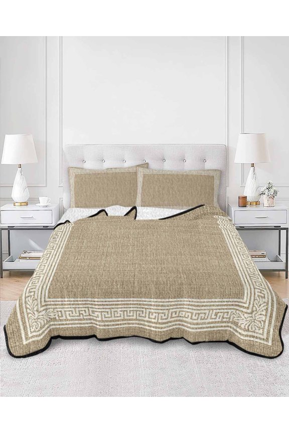 Twin Quilt Bedding Set Key Design Vintage Light Brown Summer Quilt Lightweight Quilted Coverlet with 2 Pillow Shams, Greece Inspired Pattern Flax 3-Piece Bedspread Quilt Set for All Season