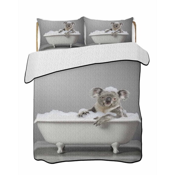 Twin Quilt Bedding Set, Koala Bathing Reversible Summer Quilt 3 Pieces, Modern Abstract Bathtub Cute Animal Shower Lightweight Bedspreads Coverlets with 2 Pillow Shams for All Seasons