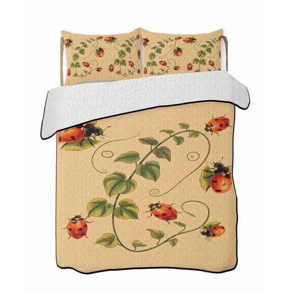 Twin Quilt Bedding Set, Ladybugs Eucalyptus Reversible Summer Quilt 3 Pieces, Spring Botanical Leaves Yellow Lightweight Bedspreads Coverlets with 2 Pillow Shams for All Seasons