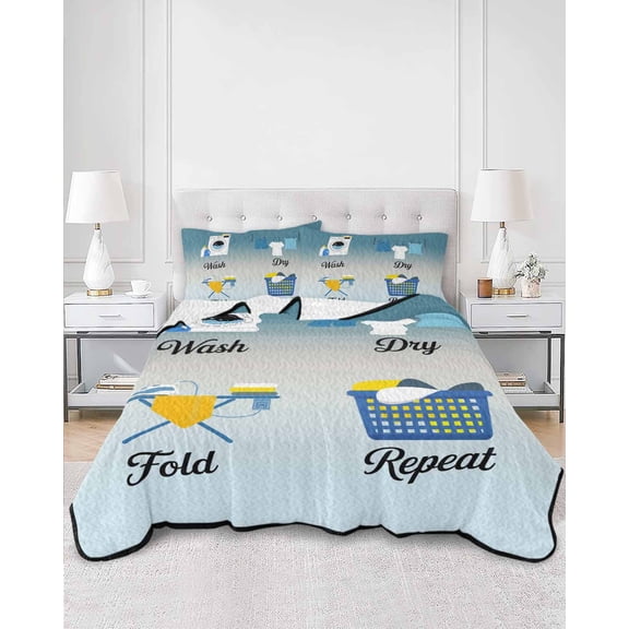 Twin Quilt Bedding Set Laundry Washing Machine Clothes Summer Quilt Lightweight Quilted Coverlet with 2 Pillow Shams, Blue Gradient 3-Piece Bedspread Quilt Set for All Season