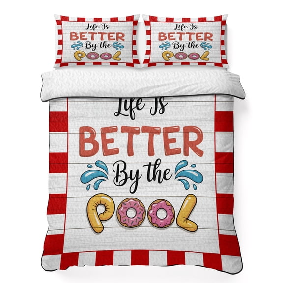 Twin Quilt Bedding Set, Life Is Better by The Pool Soft Microfiber Summer Bedspread Coverlet with 2 Pillow Shams for All Season, Red White Check Breathable Bedding Set for Hot Sleepers