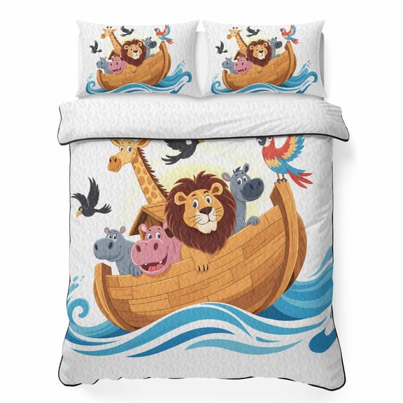 Twin Quilt Bedding Set Lion Giraffe Bird Boat Ocean Waves Breathable Summer Cooling Blanket for Hot Sleepers, Cartoon Animal Lightweight Soft Bedding Set with 2 Pillow Shams for All Season