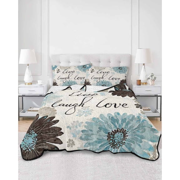 Twin Quilt Bedding Set Live Love Laugh Words Summer Quilt Lightweight Quilted Coverlet with 2 Pillow Shams, Country Blue Brown Floral 3-Piece Bedspread Quilt Set for All Season