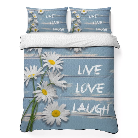 Twin Quilt Bedding Set Live Love Laugh Words on Wood Breathable Summer Cooling Blanket for Hot Sleepers, Country Flowers Daisy Lightweight Soft Bedding Set with 2 Pillow Shams for All Season