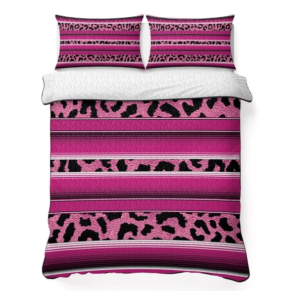 Twin Quilt Bedding Set, Mexican Rose Red Stripes Animal Print Texture Soft Microfiber Summer Bedspread Coverlet with 2 Pillow Shams, Leopard Print Breathable Bedding Set for Hot Sleepers