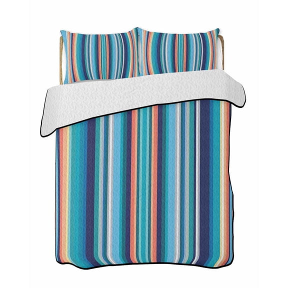 Twin Quilt Bedding Set, Mexican Style Reversible Summer Quilt 3 Pieces, Colorful Mexico Stripes Light Blue Lightweight Bedspreads Coverlets with 2 Pillow Shams for All Seasons