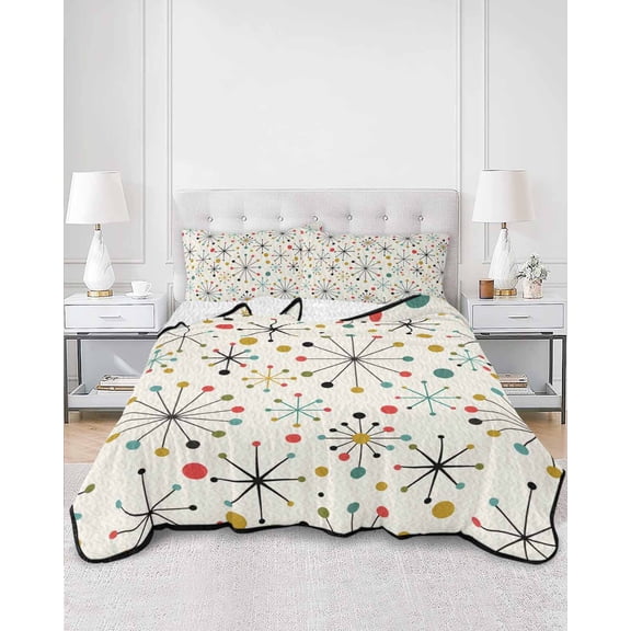 Twin Quilt Bedding Set Mid Century Abstract Geometric Summer Quilt Lightweight Quilted Coverlet with 2 Pillow Shams, Modern Colorful Atomic 3-Piece Bedspread Quilt Set for All Season