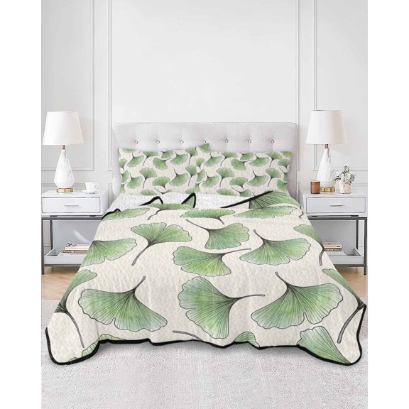Twin Quilt Bedding Set Minimalist Ginkgo Leaf Summer Quilt Lightweight Quilted Coverlet with 2 Pillow Shams, Green Leaves on Retro Linen 3-Piece Bedspread Quilt Set for All Season