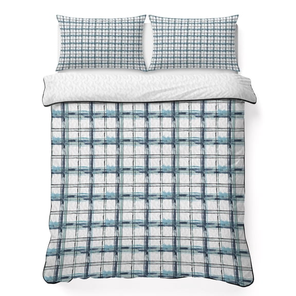 Twin Quilt Bedding Set, Modern Watercolor Buffalo Plaid Soft Microfiber Summer Bedspread Coverlet with 2 Pillow Shams for All Season, Minimalist Stripe Checker Breathable Bedding Set for Hot Sleepers