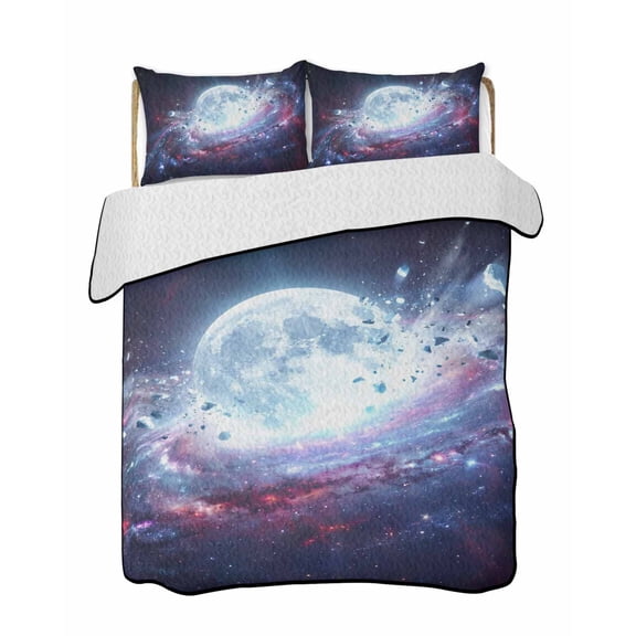 Twin Quilt Bedding Set, Moon Explosion Reversible Summer Quilt 3 Pieces, Modern Abstract Art Galaxy Universe Lightweight Bedspreads Coverlets with 2 Pillow Shams for All Seasons