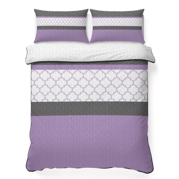 Twin Quilt Bedding Set, Morocco Purple Grey Stripes Soft Microfiber Summer Bedspread Coverlet with 2 Pillow Shams for All Season, Abstract Ombre Geometric Breathable Bedding Set for Hot Sleepers