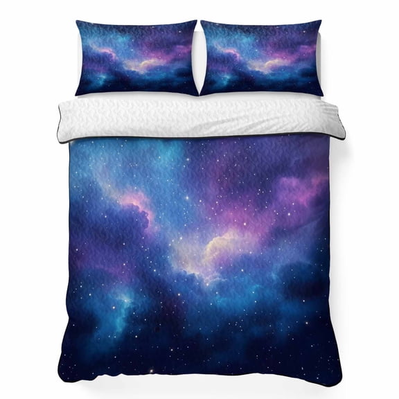 Twin Quilt Bedding Set, Natural Modern Starry Sky Soft Microfiber Summer Bedspread Coverlet with 2 Pillow Shams for All Season, Night Sky Stars Scenery Breathable Bedding Set for Hot Sleepers