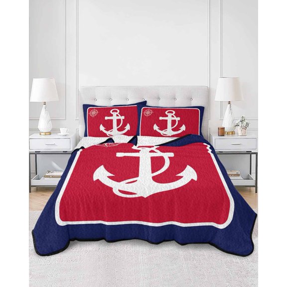 Twin Quilt Bedding Set Nautical Anchor Compass Marine Theme Summer Quilt Lightweight Quilted Coverlet with 2 Pillow Shams, Red Blue White 3-Piece Bedspread Quilt Set for All Season