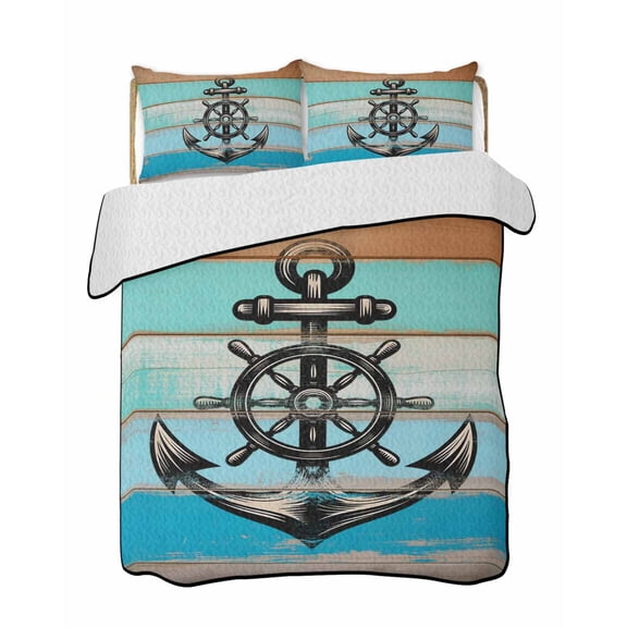 Twin Quilt Bedding Set, Nautical Anchor Reversible Summer Quilt 3 Pieces, Retro Blue Brown Wooden Boards Farmhouse Lightweight Bedspreads Coverlets with 2 Pillow Shams for All Seasons