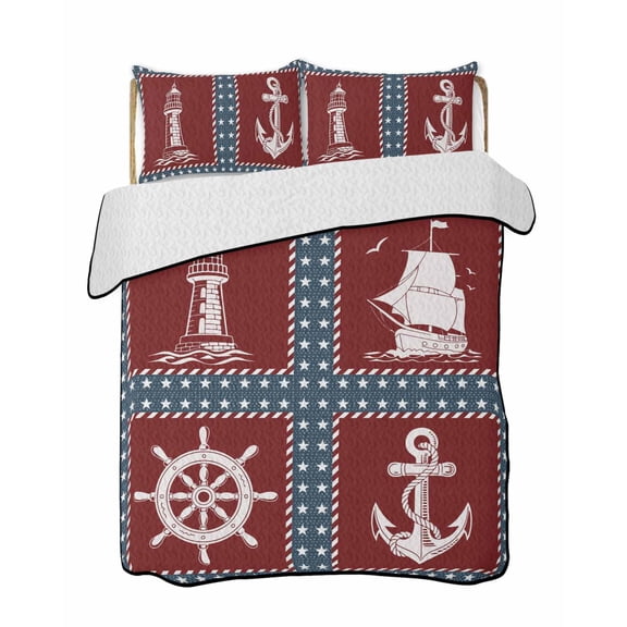 Twin Quilt Bedding Set, Nautical Coastal Reversible Summer Quilt 3 Pieces, Blue Red Lighthouse Sailing Anchor Rudder Lightweight Bedspreads Coverlets with 2 Pillow Shams for All Seasons