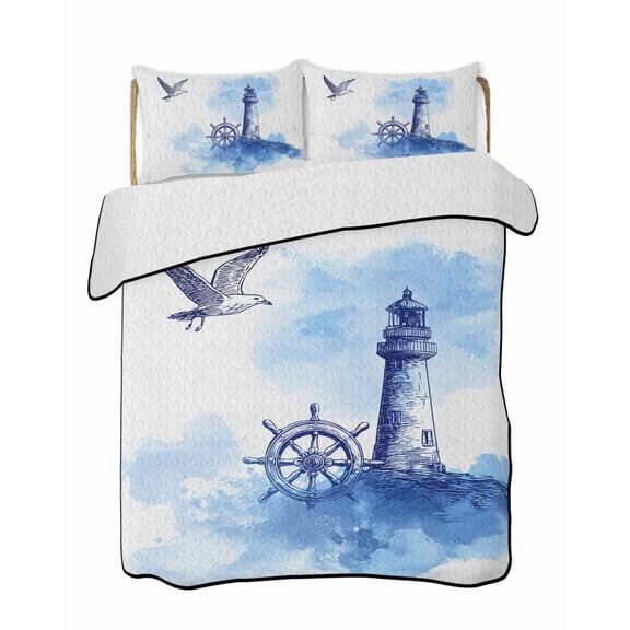 Twin Quilt Bedding Set, Nautical Lighthouse Reversible Summer Quilt 3 Pieces, Blue Summer Coastal Rudder Seagull Lightweight Bedspreads Coverlets with 2 Pillow Shams for All Seasons