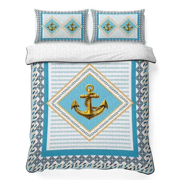 Twin Quilt Bedding Set, Nautical Sailing Anchor on Blue Soft Microfiber Summer Bedspread Coverlet with 2 Pillow Shams, Abstract Flower Stripe Texture Breathable Bedding Set for Hot Sleepers
