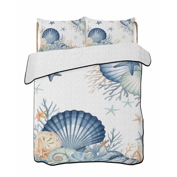 Twin Quilt Bedding Set, Navy Blue Shell Coastal Reversible Summer Quilt 3 Pieces, Starfish Coral Summer Ocean Nautical Lightweight Bedspreads Coverlets with 2 Pillow Shams for All Seasons