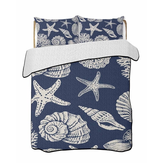 Twin Quilt Bedding Set, Navy Blue Starfish Coastal Reversible Summer Quilt 3 Pieces, Shell Summer Beach Nautical Lightweight Bedspreads Coverlets with 2 Pillow Shams for All Seasons