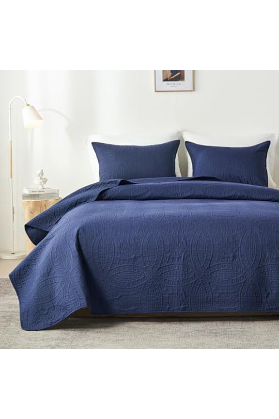 Twin Quilt Bedding Set,Navy Blue Ultrasonic Quilt Set,Lightweight Soft Bedspread Coverlet,Modern Style Coin Pattern Bed Cover for All Seasons,2 Piece(1 Quilt,1 Pillow Sham)