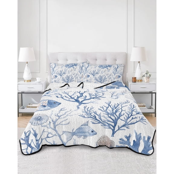 Twin Quilt Bedding Set Ocean Fish Blue Coral Summer Quilt Lightweight Quilted Coverlet with 2 Pillow Shams, Summer Coastal Nautical Theme 3-Piece Bedspread Quilt Set for All Season