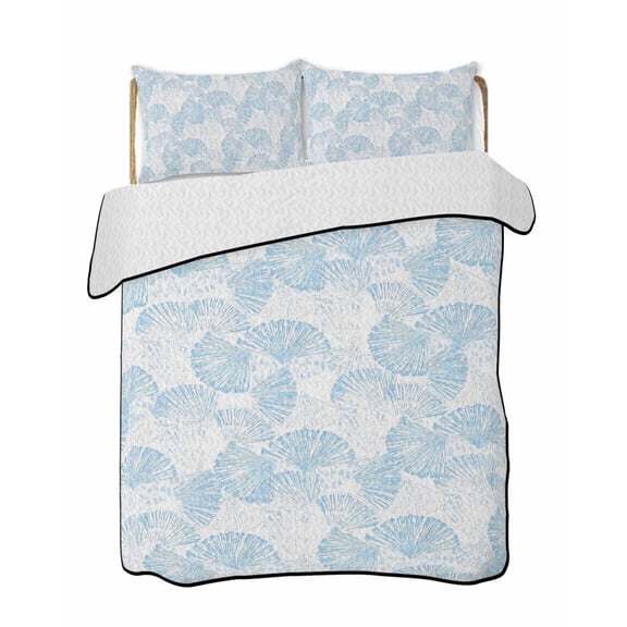 Twin Quilt Bedding Set, Ocean Shell Reversible Summer Quilt 3 Pieces, Summer Coastal Seashells Texture Light Blue Lightweight Bedspreads Coverlets with 2 Pillow Shams for All Seasons